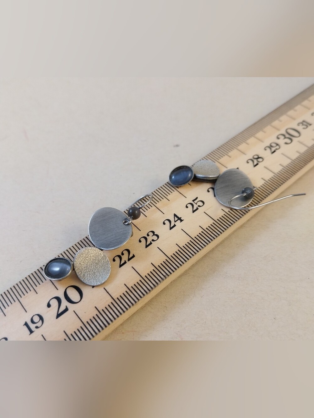 Silver Tone Triple Disc Drop Earrings - Modern Minimalist - Picture 7 of 9
